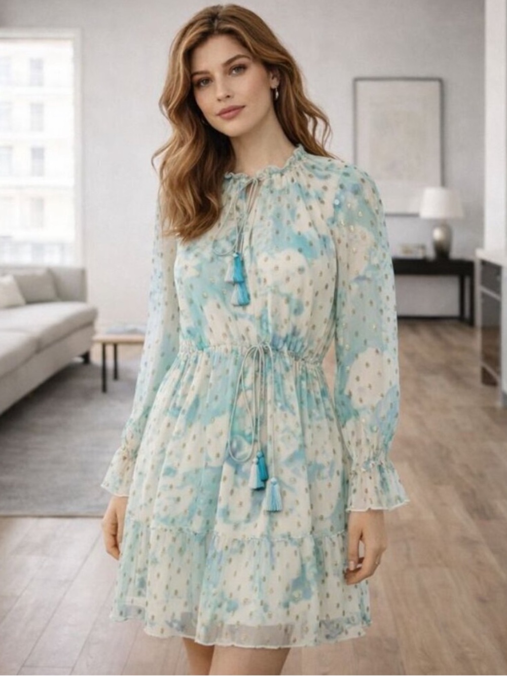 HEMANT & NANDITA Pastel Blue and Cream Floral Chiffon Dress